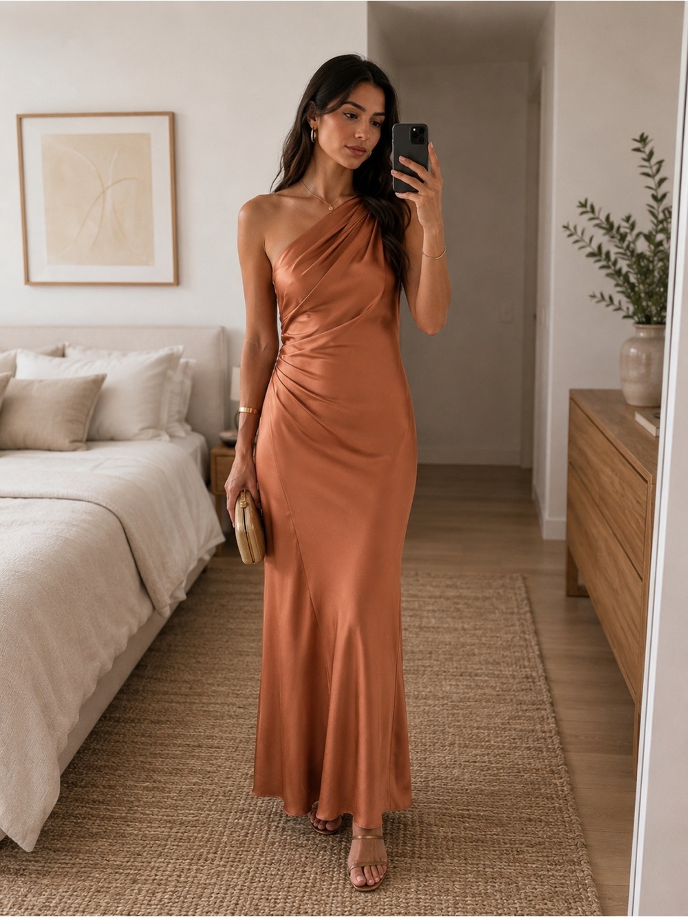 A.L.C. Aster One Shoulder Satin Maxi Gown Draped Copper Brown Size US 4